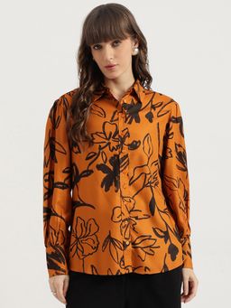 United Colors of Benetton - Orange Spread Collar Floral Tonal Shirt