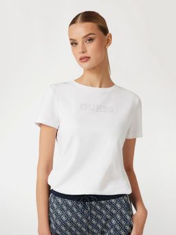 Guess - Women White Brand Logo Round Neck Short Sleeves T-Shirt