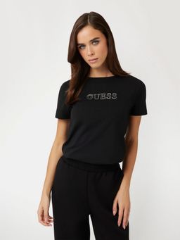 Guess - Women Black Brand Logo Round Neck Short Sleeves T-Shirt
