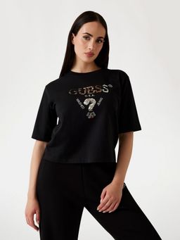 Guess - Women Black Sequined Round Neck Short Sleeves T-Shirt
