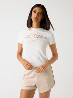 Guess - Women White Brand Logo Round Neck Short Sleeves T-Shirt