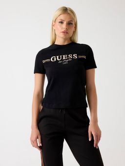 Guess - Women Black Brand Logo Round Neck Short Sleeves T-Shirt