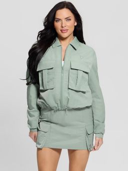 Guess - Women Green Solid Spread Collar Full Sleeve Matte Crinkle Nylon Jacket