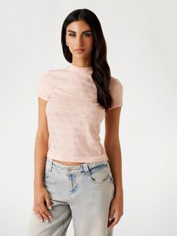 Guess - Women Pink Brand Logo High Neck Short Sleeves T-Shirt