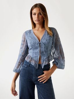 Guess - Women Grey Floral V-Neck Long Sleeves Top