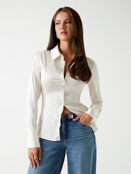 Guess - Women White Solid Spread Collar Full Sleeve Woven Shirt