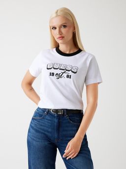 Guess - Women Pure White Printed Round Neck Short Sleeve T-Shirt