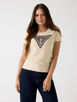 Guess - Women Beige Printed Round Neck Short Sleeve T-Shirt