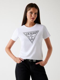 Guess - Women White Brand Logo Round Neck Short Sleeves T-Shirt