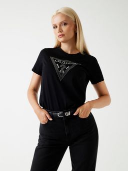 Guess - Women Black Brand Logo Round Neck Short Sleeves T-Shirt