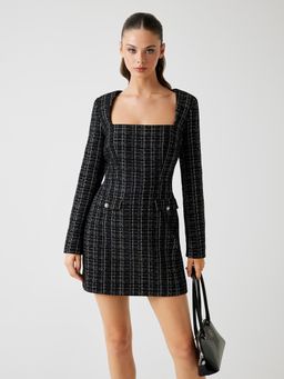 Guess - Women Jet Black Checks Square Neck Full Sleeve Sandra Chenille Tweed Dress