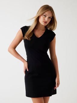 Guess - Women Jet Black Solid V-Neck Short Sleeve Chrissy Structured Ponte Dress