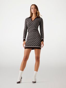 Guess - Women 4G Brown Printed Johny Collar Full Sleeve Aubrey Stella Yarn Bodycon Dress
