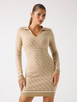 Guess - Women 4G Beige Printed Johny Collar Full Sleeve Aubrey Stella Yarn Bodycon Dress