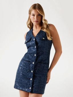Guess - Women Navy Blue Sequined V-Neck Sleeveless Bodycon Dress