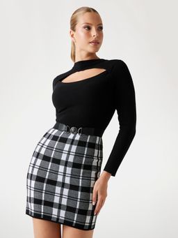 Guess - Women Jet Black Checked Full Sleeve Coraline Stella Yarn Bodycon Dress with Belt