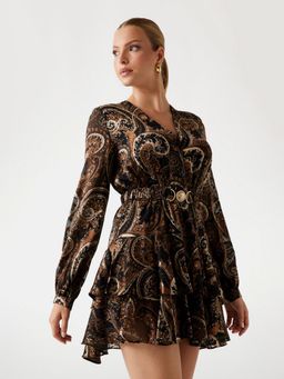 Guess - Women Brown Paisley V-Neck Long Sleeves Layered Dress with Belt