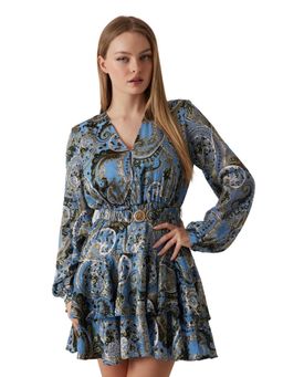 Guess - Women Blue Paisley V-Neck Long Sleeves Layered Dress with Belt