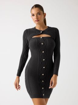 Guess - Women Grey Cable Knit Round Neck Full Sleeve Liam Yarn Bodycon Dress