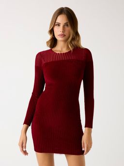 Guess - Women Maroon Round Neck Full Sleeve Micro Chenille Bodycon Dress