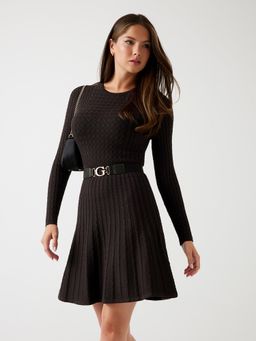 Guess - Women Bark Brown Round Neck Full Sleeve Allison Yarn Dress with Belt