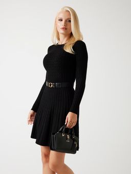 Guess - Women Jet Black Round Neck Full Sleeve Allison Yarn Dress with Belt
