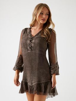 Guess - Women Brown Embroidered V-Neck Long Sleeves Shift Dress