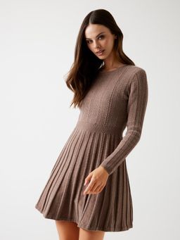 Guess - Women Silk Taupe Cable Knit Round Neck Full Sleeve Morgan Micro Dress