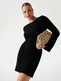 Guess - Women Jet Black Ribbed Boat Neck Full Sleeve A-Line Dress