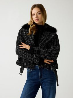 Guess - Women Black Tweed Collared Long Sleeves Jacket