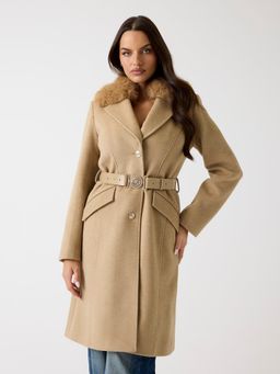 Guess - Women Beige Desert Mud Solid Shawl Lapel Full Sleeve Overcoat with Belt