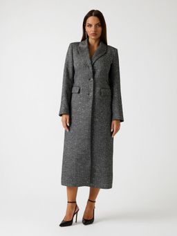 Guess - Women Grey Textured Peak Lapel Collar Long Sleeves Overcoat