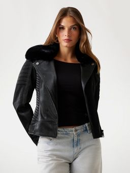 Guess - Women Black Solid Collared Long Sleeves Jacket