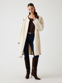 Guess - Women Cream Fleece Round Neck Long Sleeves Coat