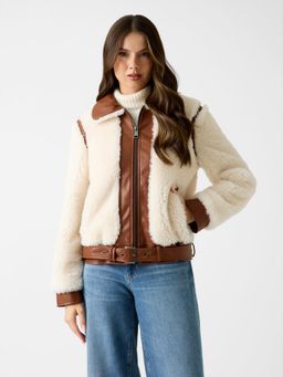 Guess - Women Tan Fleece Collared Long Sleeves Sherpa Jacket with Belt