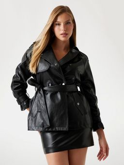 Guess - Women Black Textured Notch Collar Long Sleeves Jacket with Belt