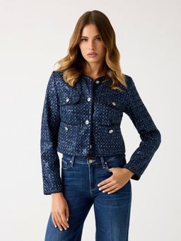 Guess - Women Navy Blue Sequined Collarless Long Sleeves Jacket