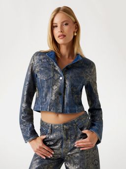 Guess - Women Blue Snake Print Collarless Long Sleeves Denim Jacket