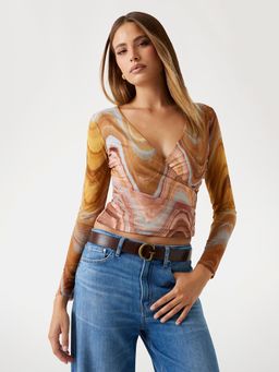 Guess - Women Multi-Color Printed V-Neck Full Sleeve Riley Mesh Top