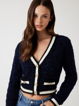 Guess - Women Navy Blue V-Neck Full Sleeve Aomori Yarn Cardigan
