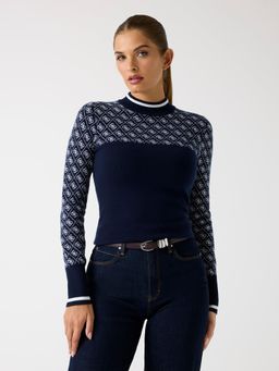 Guess - Women Navy Blue Knitted High Neck Full Sleeve Stella Yarn Sweater
