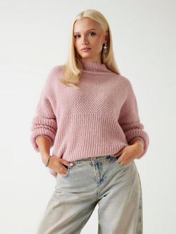 Guess - Women Pink Knitted High Neck Long Sleeves Pullover