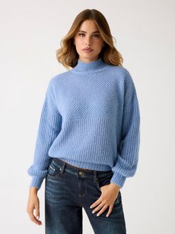 Guess - Women Blue Knitted High Neck Long Sleeves Pullover