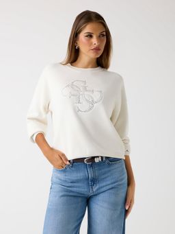 Guess - Women Cream Embellished Round Neck Full Sleeve Sweater