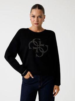 Guess - Women Jet Black Embellished Round Neck Full Sleeve Sweater
