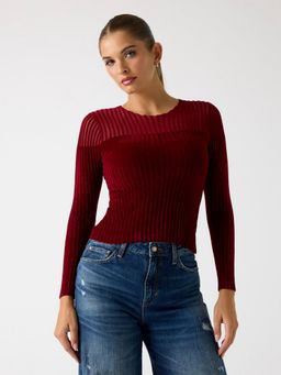 Guess - Women Maroon Textured Round Neck Long Sleeves Pullover