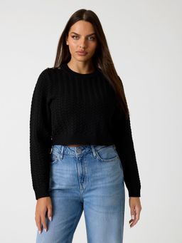 Guess - Women Jet Black Cable Knit Round Neck Full Sleeve Puruka Yarn Sweater