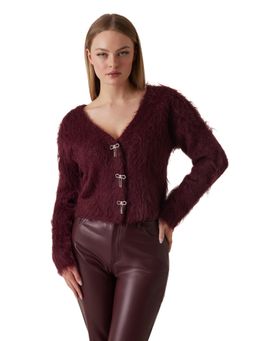 Guess - Women Maroon Solid V-Neck Full Sleeve Tomiko Bow Aiko Yarn Cardigan