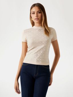 Guess - Women Beige Crew Neck Short Sleeve T-Shirt