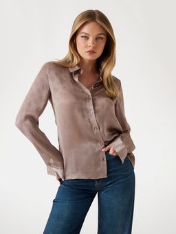 Guess - Women Taupe Printed Spread Collar Full Sleeve Jacquard Satin Shirt